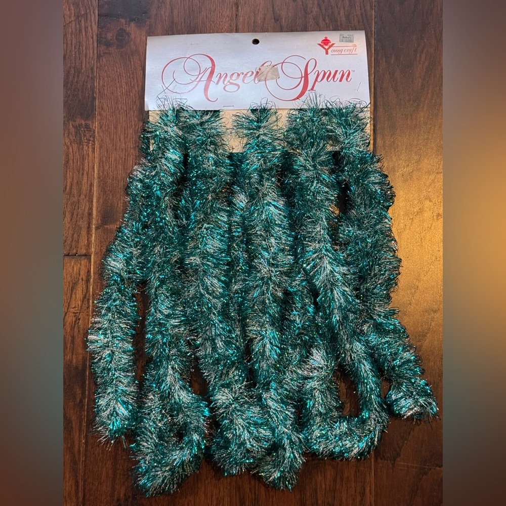 Vintage Young Craft Angel Spun Tinsel Garland In Aqua & White, USA - 15 Ft, New